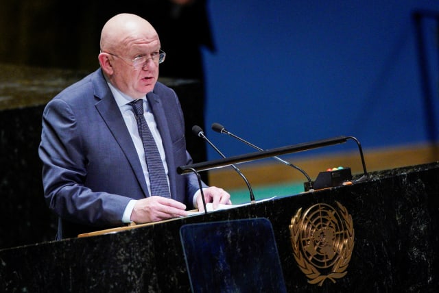 Russian Ambassador to the UN Vassily Nebenzia speaks during a high-level meeting of the United Nations General Assembly to mark one year since Russia invaded Ukraine, and to consider the adoption of a resolution on Ukraine, at UN headquarters in New York City, New York, US, February 22, 2023. (photo credit: REUTERS/EDUARDO MUNOZ)
