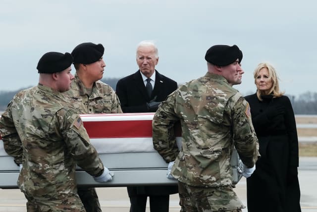  US PRESIDENT Joe Biden attends a ceremony at Dover Air Force Base in Delaware, last week, of the dignified transfer of the remains of three US service members who were killed in Jordan in a drone attack carried out by Iran-backed terrorists. (photo credit: REUTERS)
