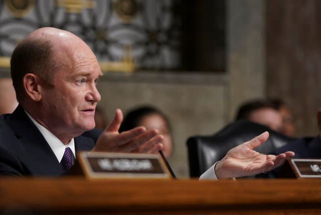 US Senator Chris Coons (D-DE) gestures as he speaks, during the Senate Judiciary Committee hearing at the US Capitol, in Washington, US, January 31, 2024.  (photo credit: REUTERS/Nathan Howard)