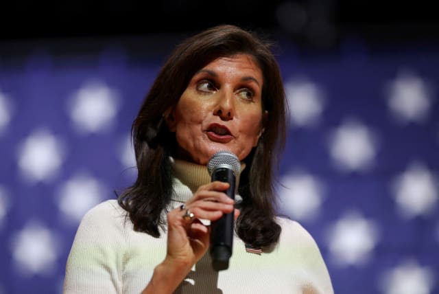  Republican presidential candidate and former U.S. Ambassador to the United Nations Nikki Haley speaks while attending a campaign event at Indian Land High School's auditorium in Lancaster, South Carolina, U.S. February 2, 202 (photo credit: Shannon Stapleton/Reuters)