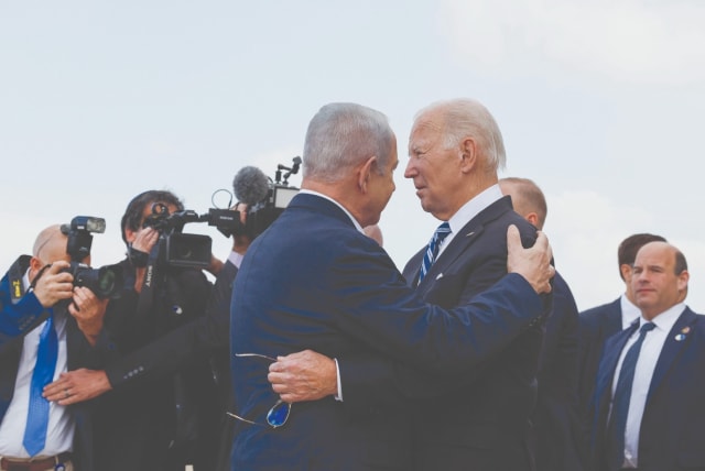  US PRESIDENT Joe Biden is welcomed by Prime Minister Benjamin Netanyahu, in October, when the president visited Israel following the massacres carried out by Hamas.  (photo credit: EVELYN HOCKSTEIN/REUTERS)