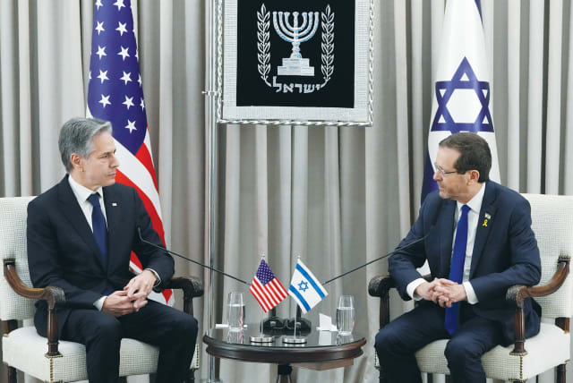  US SECRETARY of State Antony Blinken meets with President Isaac Herzog at the President’s Residence in Jerusalem, on Wednesday. (photo credit: Mark Schiefelbein/Pool via REUTERS)
