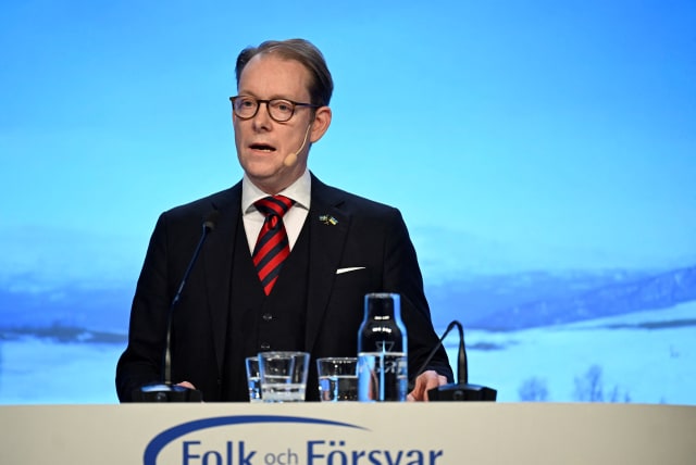 Defense Minister Tobias Billstrom speaks about the future of Sweden's security policy at the Society and Defense National Conference, in Salen, Sweden 7 January 2024. (photo credit: TT NEWS AGENCY/PONTUS LUNDAHL VIA REUTERS)