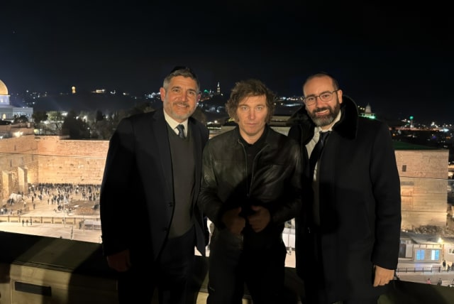  President Javier Milei, standing next to Rabbi Zvi Klor (L) and Rabbi AXel Wahnish (R) on the roof of the Aish World Center in Jerusalem, February 9, 2024. (photo credit: Courtesy of Aish)