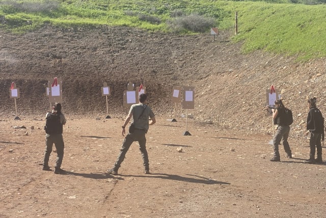  Israel Border Police officers in target practice, Feb. 7, 2024.  (photo credit: Aaron Poris/The Media Line)