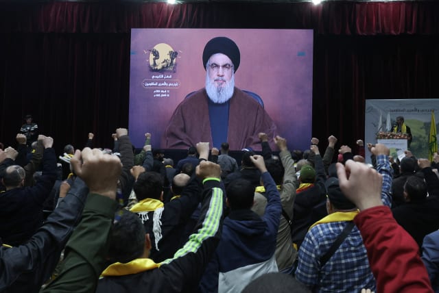  Lebanon's Hezbollah leader Hassan Nasrallah addresses his supporters in Beirut, Lebanon, February 13, 2024 (photo credit: REUTERS/AZIZ TAHER)