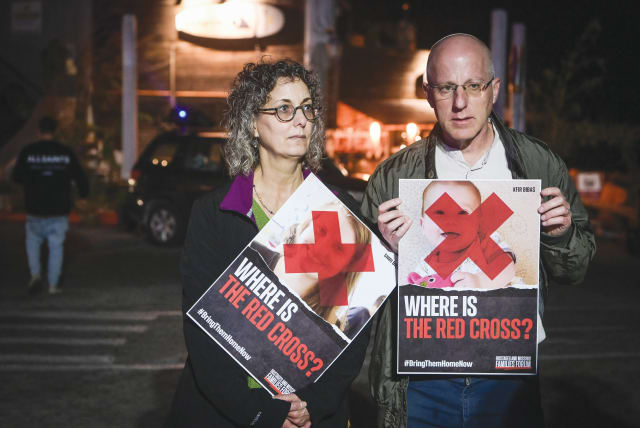  HOSTAGES’ FAMILIES and supporters protest outside a meeting of ICRC president Mirjana Spoljaric Egger,  and in Hostage Square, in Tel Aviv, in December 2023. (photo credit: FLASH90)