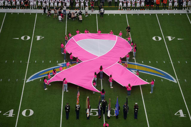  A pink ribbon on the field in recognition of breast cancer awareness month at SoFi Stadium (photo credit: KIRBY LEE-USA TODAY SPORTS)
