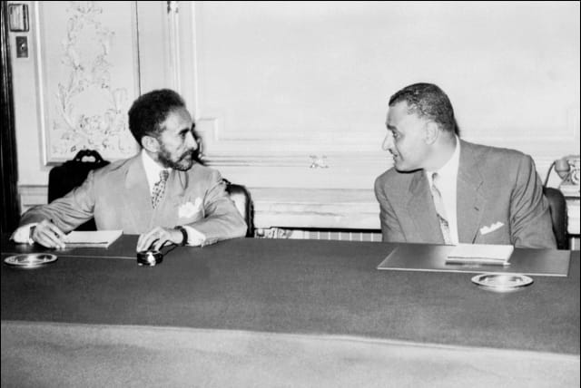  EGYPTIAN PRESIDENT Gamal Abdel Nasser (R) meets with Ethiopian Emperor Haile Selassie in Cairo, 1950s.  (photo credit: Staff/AFP via Getty Images)