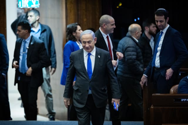  Prime Minister Benjamin Netanyahu attends a discussion and a vote on the state budget at the assembly hall of the Knesset, February 7, 2024 (photo credit: YONATAN SINDEL/FLASH90)