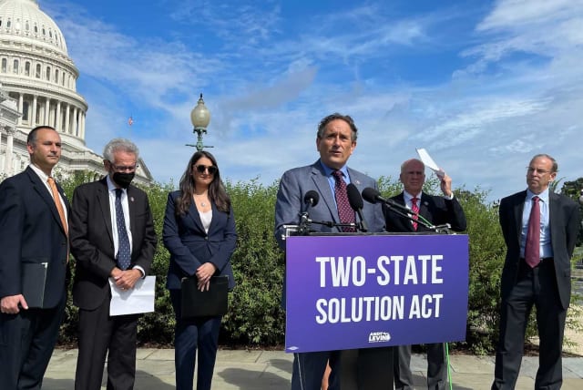  Rep. Andy Levin speaks at a press conference introducing his "Two-State Solution Act" on Capitol Hill, Sept. 23, 2021. He is flanked by Hadar Susskind, the president/CEO of Americans for Peace Now; Rep. Alan Lowenthal; Rep. Sara Jacobs; Rep. Peter Welch; and J Street President Jeremy Ben-Ami. (photo credit: Ron Kampeas/JTA)