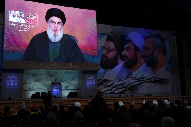  Hezbollah leader Sayyed Hassan Nasrallah gives a televised address in Beirut's southern suburbs, Lebanon February 16, 2024 (photo credit: REUTERS/MOHAMED AZAKIR)