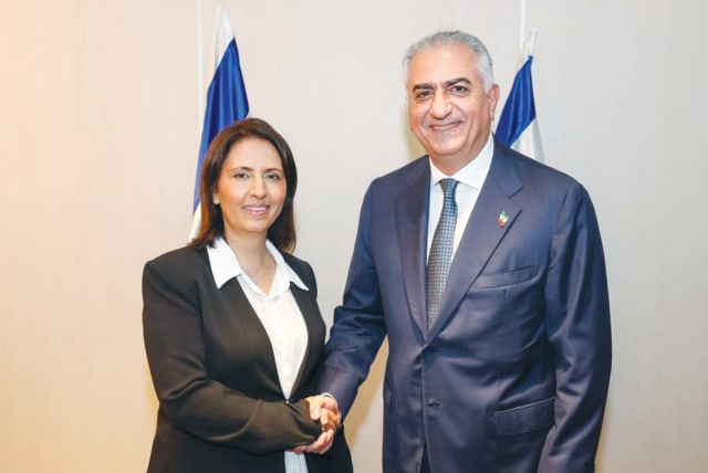  INTELLIGENCE MINISTER Gila Gamliel welcomes Crown Prince Reza Pahlavi to Israel, at Ben-Gurion Airport, last April. (photo credit: INTELLIGENCE MINISTRY)