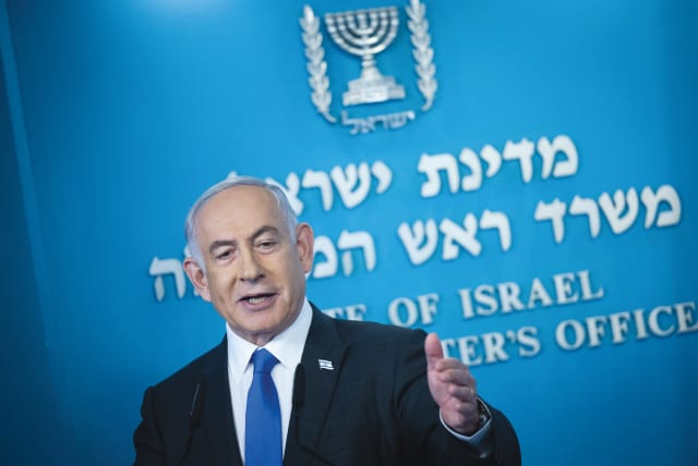 PRIME MINISTER Benjamin Netanyahu holds a news conference at the Prime Minister’s Office in Jerusalem, on Saturday night. (photo credit: YONATAN SINDEL/FLASH90)