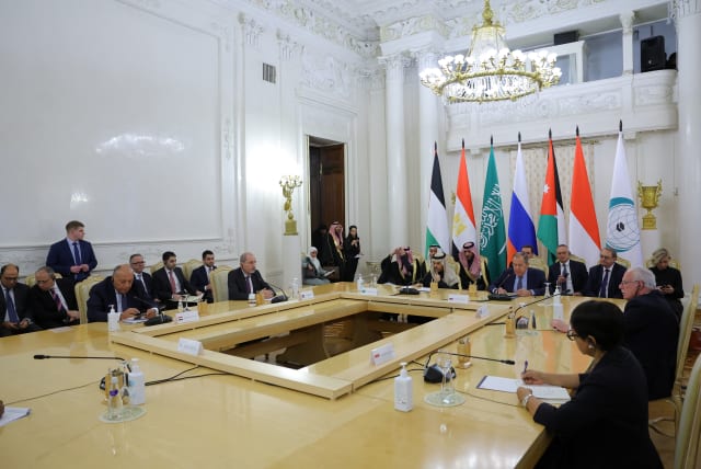  Russian Foreign Minister Sergei Lavrov hosts a meeting about Gaza with foreign ministers from members of the Arab League and the Organisation of Islamic Cooperation, amid the ongoing conflict between Israel and the Palestinian Islamist group Hamas, in Moscow, Russia November 21, 2023. (photo credit: EVGENIA NOVOZHENINA/REUTERS)