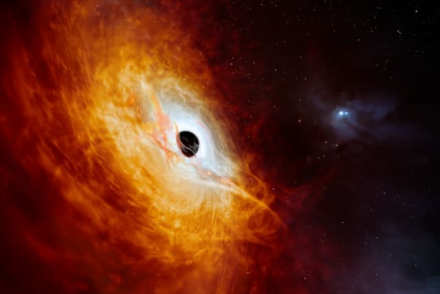  This artist’s impression shows the record-breaking quasar J059-4351, the bright core of a distant galaxy that is powered by a supermassive black hole. (photo credit: ESO/M. Kornmesser)