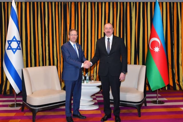  Azerbaijan's president Ilham Aliyev met with Israeli counterpart Isaac Herzog at the Munich Security Conference in February 2024. (photo credit: Office of the President of Azerbaijan)