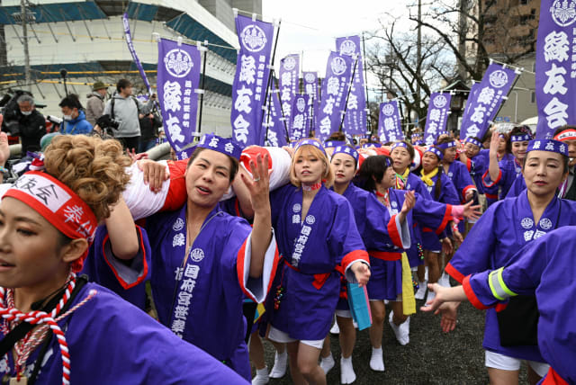  Women take part in a ritual event of naked festival, for the first time in its 1250 years of history, at Owari Okunitama Shrine, also known as Konomiya Shrine, in Inazawa, Aichi Prefecture, central Japan February 22, 2024 (photo credit: REUTERS)