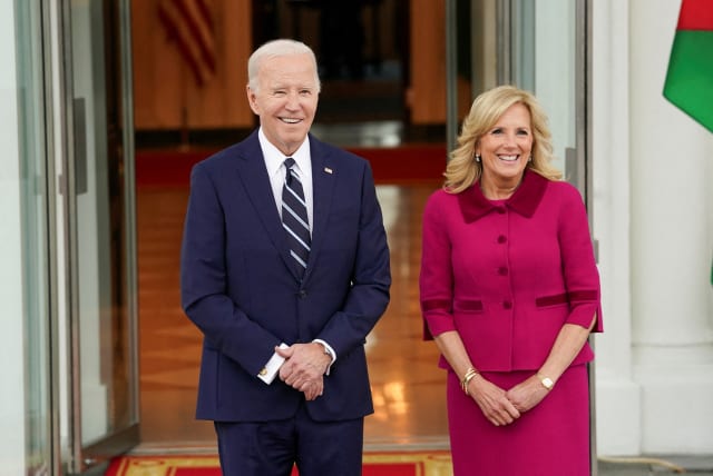 U.S. President Joe Biden and first lady Jill Biden await the arrival of Jordan's King Abdullah, Queen Rania and Crown Prince Hussein, at the White House in Washington, U.S., February 12, 2024. (photo credit: KEVIN LAMARQUE/REUTERS)