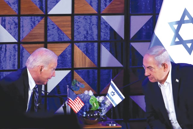  PRIME MINISTER Benjamin Netanyahu meets with US President Joe Biden in Tel Aviv in October. (photo credit: EVELYN HOCKSTEIN/REUTERS)