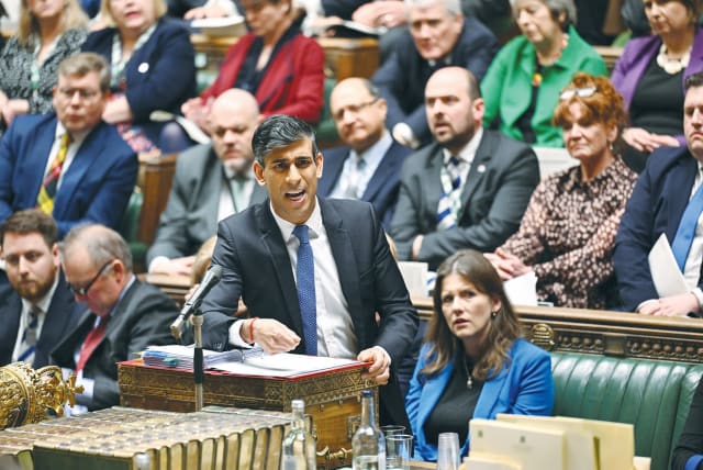  BRITISH PRIME Minister Rishi Sunak speaks during Prime Minister’s Questions, at the House of Commons, last month. Cowering to the pressure of Islamist extremist mobs, MPs are no longer voting for what they know to be right, the writer argues.  (photo credit: UK Parliament/REUTERS)