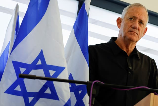  Defence Minister of Israel Benny Gantz speaks during a press conference, amid the ongoing conflict between Israel and Palestinian Islamist group Hamas, in Shlomi, Israel November 9, 2023. (photo credit: Alexander Ermochenko/Reuters)