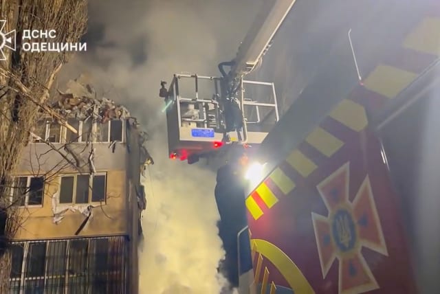  Fire and rescue crews work at the site of a deadly Russian drone attack on an apartment building in Odesa, Ukraine March 2, 2024 in this still image from handout video. (photo credit: STATE EMERGENCY SERVICE OF UKRAINE IN ODESA REGION/HANDOUT VIA REUTERS)