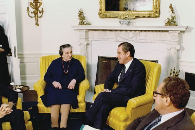  THEN-PRIME MINISTER Golda Meir meets with then-US president Richard Nixon in the Oval Office as then-secretary of state and national security advisor Henry Kissinger looks on, in November 1973.  (photo credit: Richard Nixon Museum and Library/Reuters)