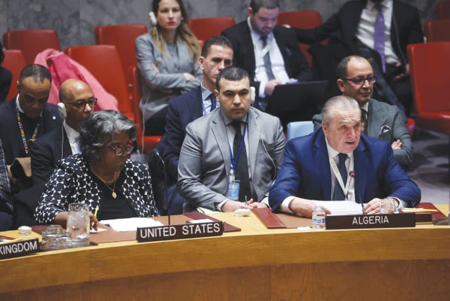 ALGERIA’S AMBASSADOR to the United Nations Amar Bendjama addresses the Security Council, demanding an immediate ceasefire in Gaza as US Ambassador Linda Thomas-Greenfield looks on, February 20. The US vetoed the resolution.  (photo credit: Mike Segar/Reuters)
