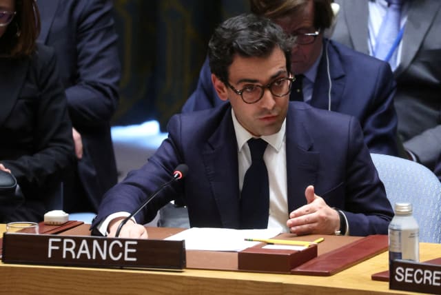  French Foreign Minister Stephane Sejourne speaks during a United Nations Security Council meeting ahead of the 2nd anniversary of the Russian invasion of Ukraine, at the U.N. headquarters in New York, U.S., February 23, 2024. (photo credit: Mike Segar/Reuters)