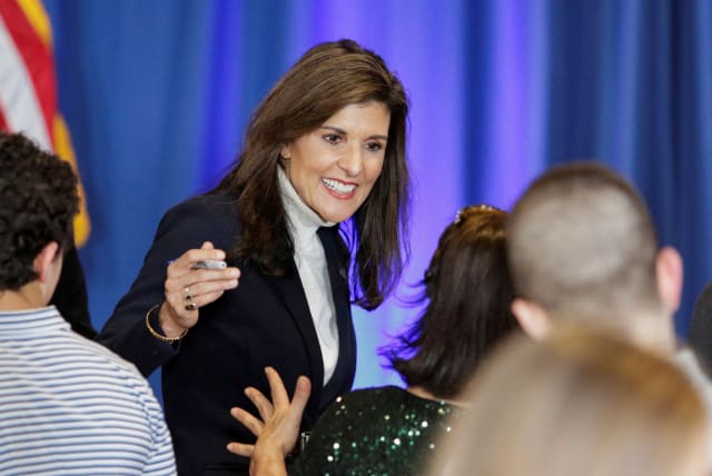  Republican presidential candidate and former U.S. Ambassador to the United Nations Nikki Haley greets supporters at a campaign event in Portland, Maine, U.S. March 3, 2024. (photo credit: Joel Page/Reuters)