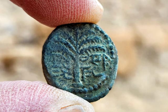  The rare coin. A date palm is engraved, with the inscription “Eleazar the Priest” inscribed in ancient Hebrew script. (photo credit: Emil Aladjem, Israel Antiquities Authority)