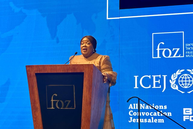  Representative Moimah Briggs Mensah, chairperson of Liberia's Israel Allies Foundation Caucus, speaks on Monday, March 4 at the Friends of Zion Museum in Jerusalem. (photo credit: MAAYAN HOFFMAN)