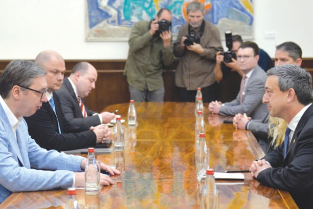  SERBIA’S PRESIDENT Aleksandar Vucic (front left) meets with an AIPAC delegation led by its president, Michael Tuchin. (photo credit: RADE PRELIC/TANJUG)
