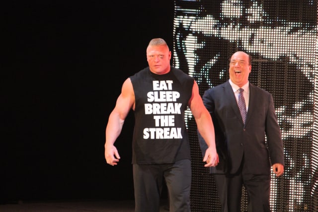  Brock Lesnar (left) and Paul Heyman a day after beating the Undertaker in Wrestlemania XXX. (photo credit: MEGAN ELICE MEADOWS VIA FLICKR/CC-SA 2.0 HTTPS://CREATIVECOMMONS.ORG/LICENSES/BY-SA/2.0/DEED.EN)