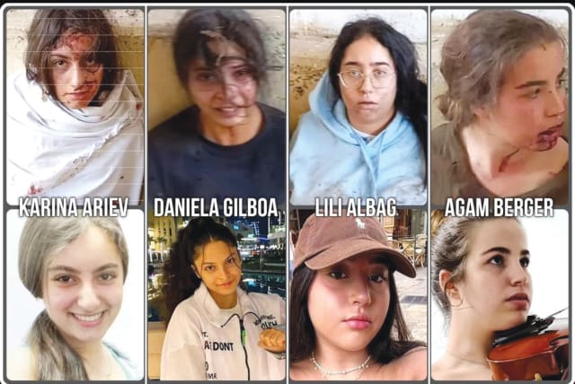  FOUR YOUNG women hostages before and after their capture. (photo credit: Arsen Ostrovsky/X)