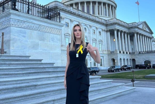  Israel advocate and social media personality Emily Austin attended the State of the Union address wearing a dress adorned with yellow ribbons to show solidarity with the Gaza hostages. (photo credit: EMILY AUSTIN)