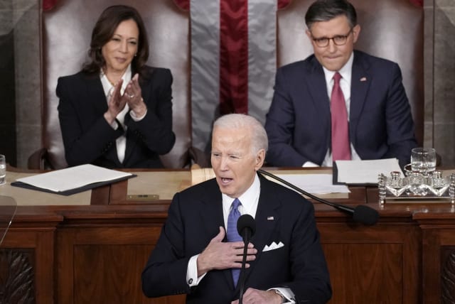  U.S. President Joe Biden delivers the State of the Union address to a joint session of Congress in the House Chamber of the U.S. Capitol in Washington, U.S., March 7, 2024. (photo credit: REUTERS)