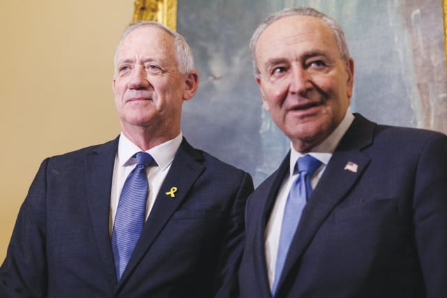  WAR CABINET minister Benny Gantz meets with US Senate Majority Leader Chuck Schumer on Capitol Hill, last week. The writer asks: Can Israel make its case to Democratic supporters in a less strident tone, showing more flexibility, transparency, and a willingness for pragmatism? (photo credit: REUTERS/Anna Rose Layden)