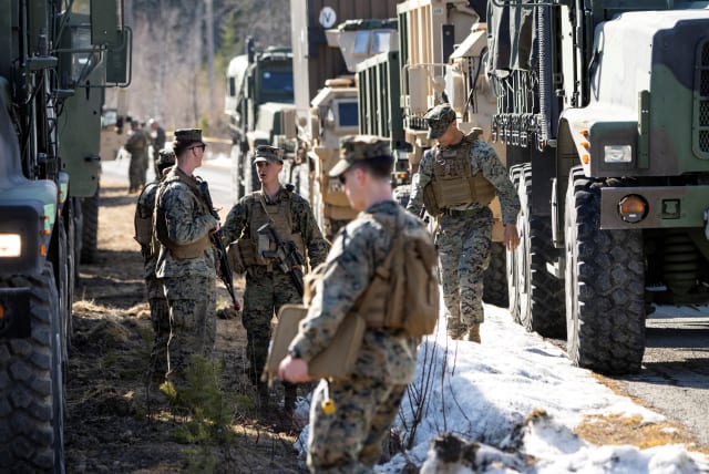  An American battalion arrives in Ostersund, Sweden after driving across the border from Norway, to attend the Defence exercise Aurora 23, April 17, 2023. (photo credit: PONTUS LUNDAHL/TT NEWS AGENCY/VIA REUTERS)