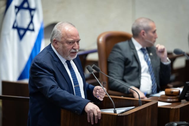 MK Avigdor Liberman speaks during a plenum session at the assembly hall of the Knesset, the Israeli parliament in Jerusalem, March 6, 2024.  (photo credit: YONATAN SINDEL/FLASH90)