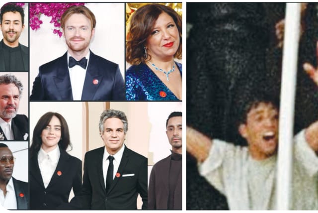  BILLIE EILISH, Mark Ruffalo, Ramy Youssef, and others wore a pin of a red hand at the Oscars (left), failing to understand that the red hand is a symbol of the red hands of Aziz Salha after he killed two Jews in a lynching in Ramallah in 2000 (right.) (photo credit: LESLIE KAJOMOVITZ/X)