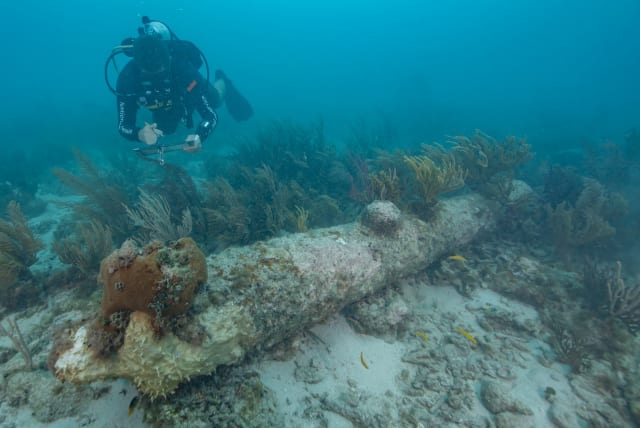 A National Park Service diver documents one of five coral-encrusted cannons found during a recent archeological survey in Dry Tortugas National Park. (photo credit:  Brett Seymour/NPS)
