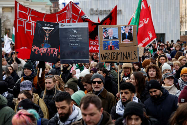  Protestors take part in a demonstration organized by 'Together for Palestine' to demand ceasefire and exclude Israel from the Eurovision Song Contest, in Stockholm, Sweden, February 17, 2024. (photo credit: VIA REUTERS)