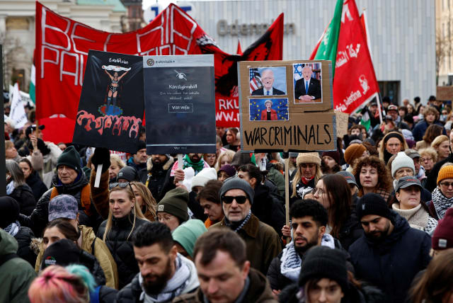  Protestors take part in a demonstration organized by 'Together for Palestine' to demand ceasefire and exclude Israel from the Eurovision Song Contest, in Stockholm, Sweden, February 17, 2024.