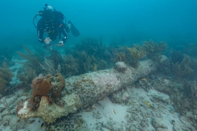  Un buzo del Servicio de Parques Nacionales documenta uno de los cinco cañones con incrustaciones de coral hallados durante un reciente estudio arqueológico en el Parque Nacional de Dry Tortugas. (photo credit:  Brett Seymour/NPS)