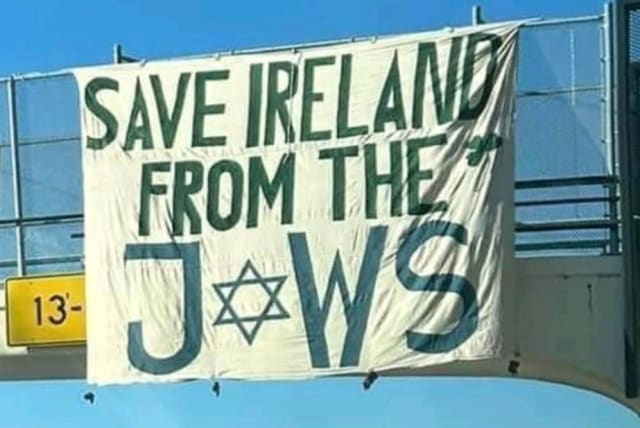  Banners calling to "save Ireland from the Jews" were hung over Cincinnati, Ohio overpasses on Sunday, American Jewish organizations reported. (photo credit: AMERICAN JEWISH COMMITTEE)