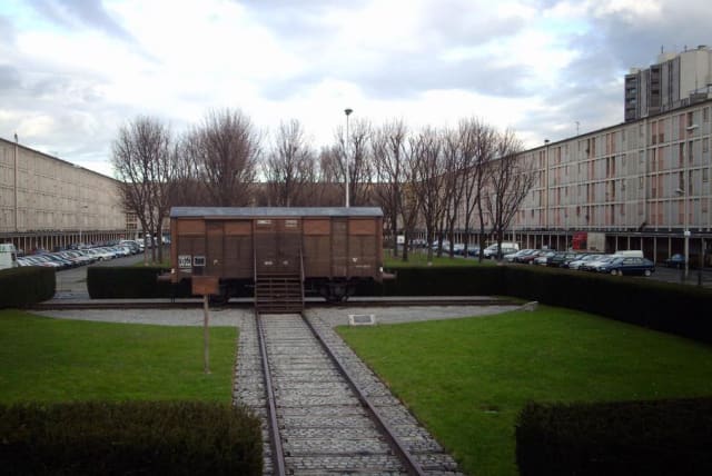  A cattle car, used to carry Jews to Auschwitz, on display at the site of the Drancy internment camp in France, 2006. (photo credit: JPCUVEILLER/CC-SA 4.0 INT/https://creativecommons.org/licenses/by-sa/4.0/deed.en)