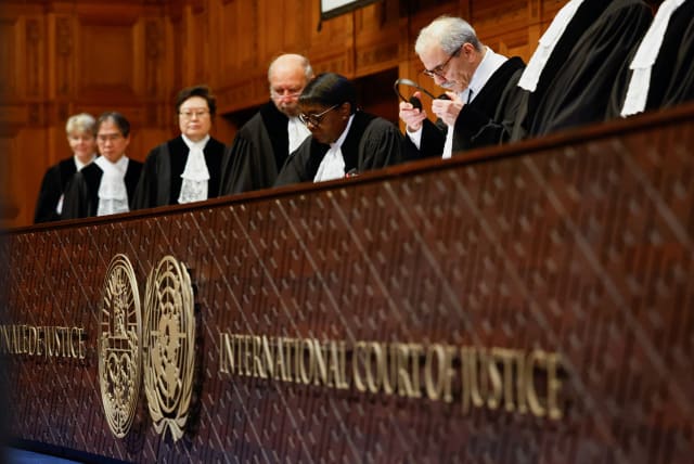 Public hearing held by ICJ to allow parties to give their views on the legal consequences of Israel's occupation of the Palestinian territories before eventually issuing a non-binding legal opinion in The Hague, Netherlands, February 21, 2024. (photo credit: PIROSCHKA VAN DE WOUW/REUTERS)