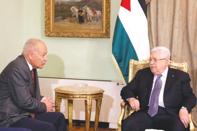  ARAB LEAGUE Secretary-General Ahmed Aboul Gheit meets with Palestinian Authority head Mahmoud Abbas in Cairo, in 2020. Even in the Netanyahu era, Abbas thwarted attempts to resolve the conflict no fewer than three times, the writer states.  (photo credit: MOHAMED ABD EL GHANY/REUTERS)